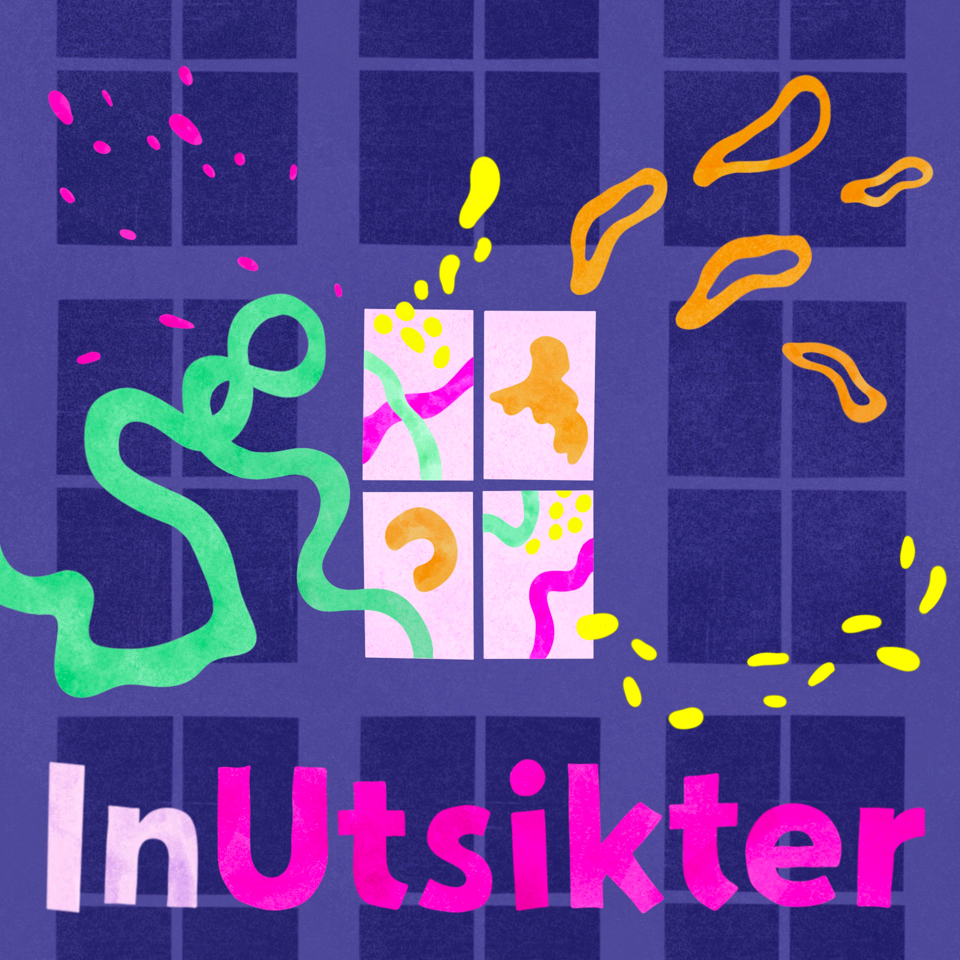 Grafisk illustration med ett fönster med olika rörliga linjer i starka färger finns i mitten av bilden