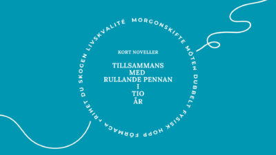 Grafisk illustration med vit text mot blå bakgrund. Ord snirklar sig runt omkring som trådar