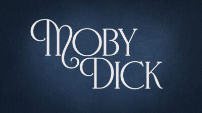 Grafisk bild med blå bakgrund och Moby Dick i vit text